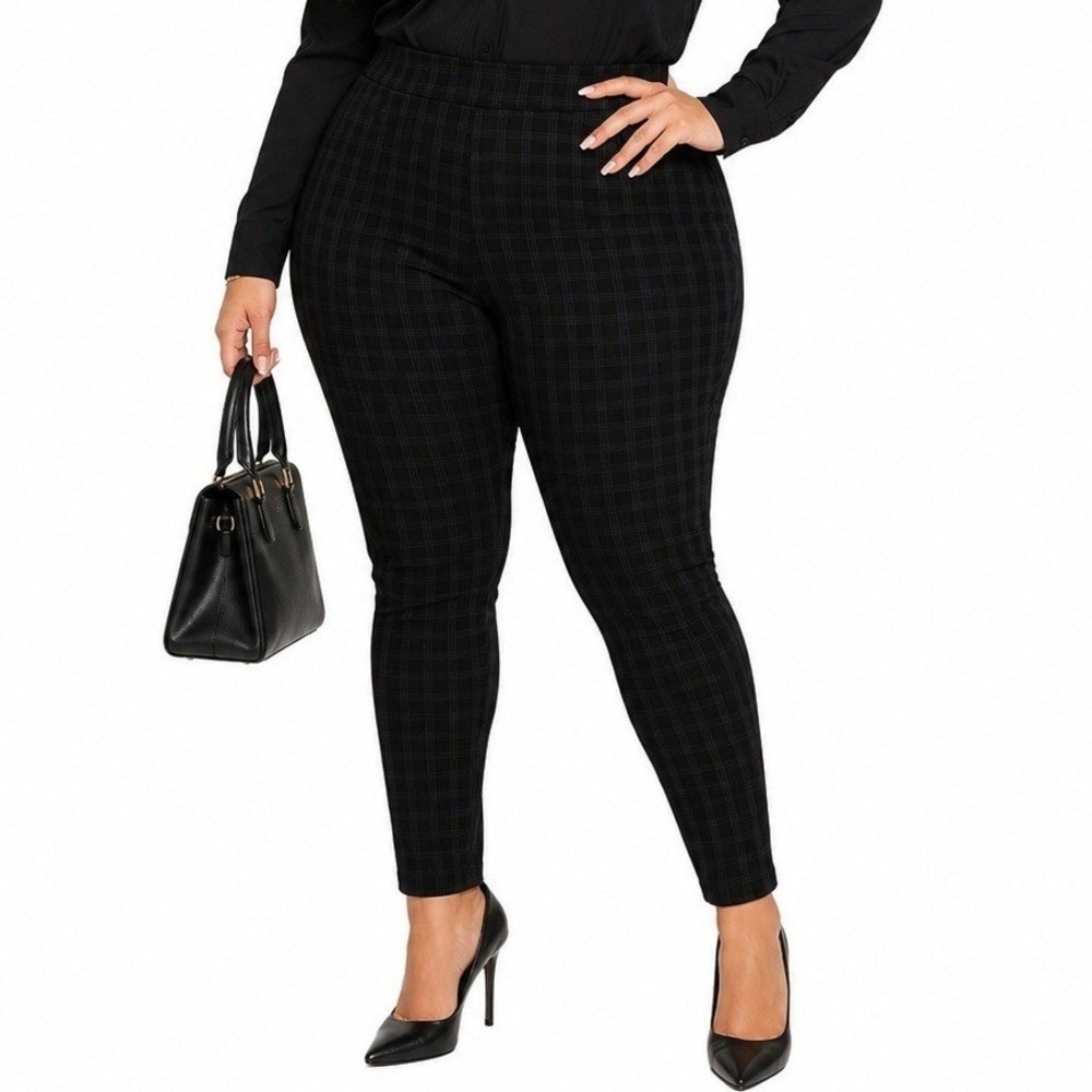 Maze Collection Womens 1X Black Plaid Pull On Stretch Dress Pants Trousers‎ NWT